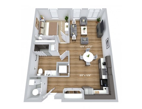 a 3d floor plan of a bedroom with a living room and a dining room